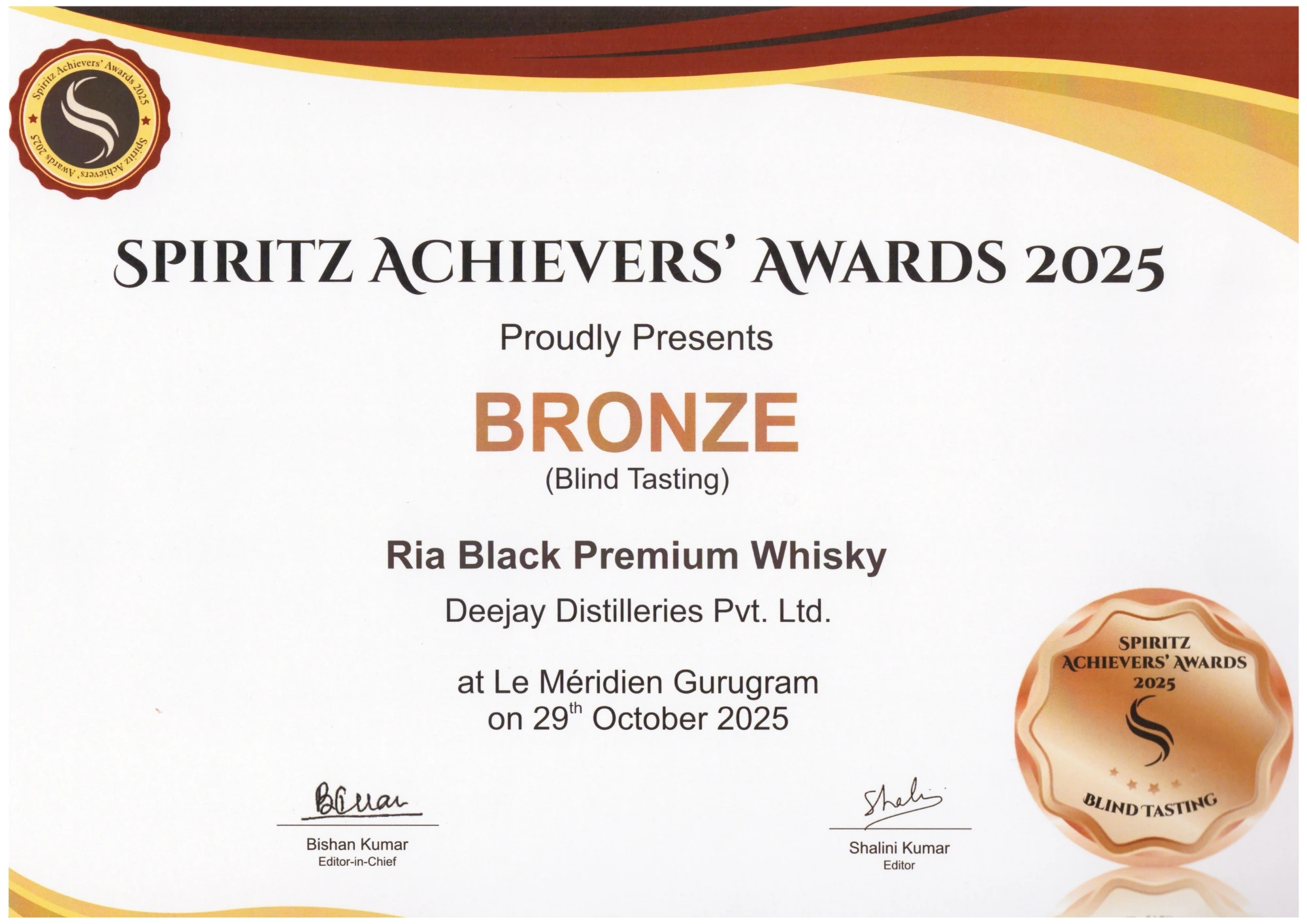 Spiritz Achievers Awards 2025 - Bronze Blind Tasting - Ria Black Premium Whisky